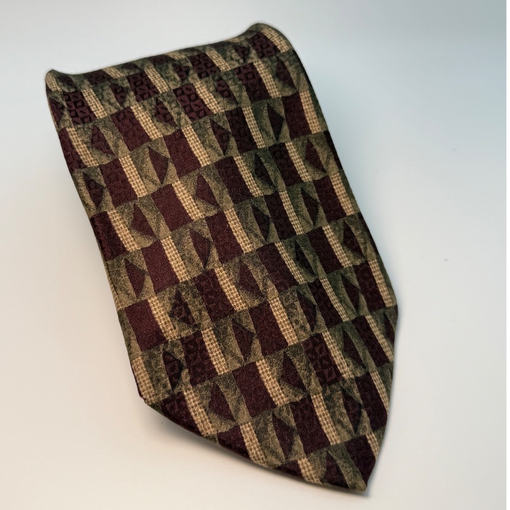 Today's Man Silk Tie OS Burgundy Green Geometric Italian Vintage Professional